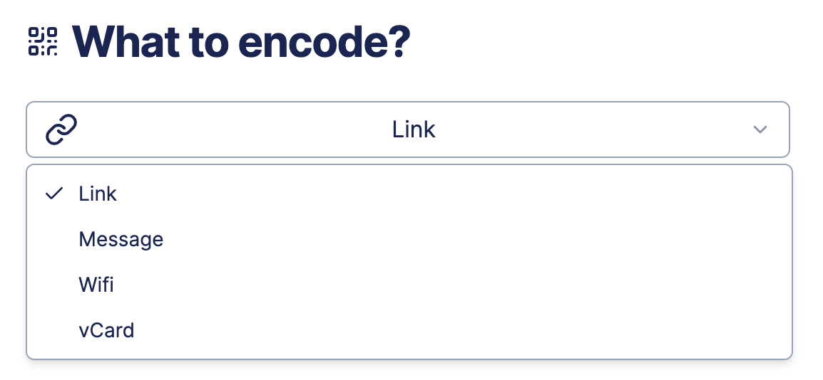 The UI of QR Cool for selecting the type of content to encode